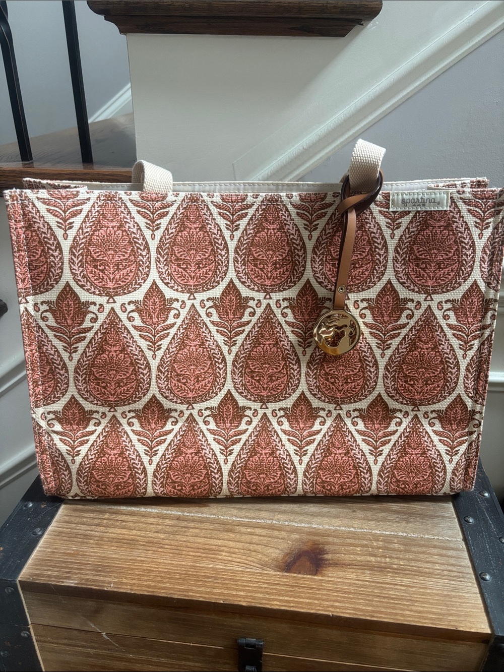 Spartina 449 Rust and Cream Patterned Tote with Leather Charm